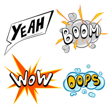 Wow yeah boom oops Comic speech bubbles set, comic wording sound effect set design for comic background, comic stripのイラスト素材