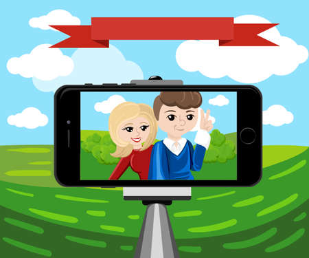 stick for selfie. Monopod Selfie shots cartoon vector illustration.Young couple making self portrait. Selfie stick concept vector illustration selfieのイラスト素材