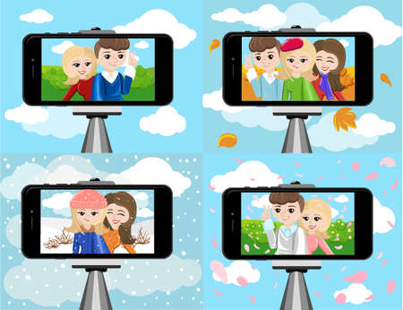 stick for selfie. Monopod Selfie shots cartoon vector illustration.Young couple making self portrait. Selfie stick concept vector illustration selfieのイラスト素材