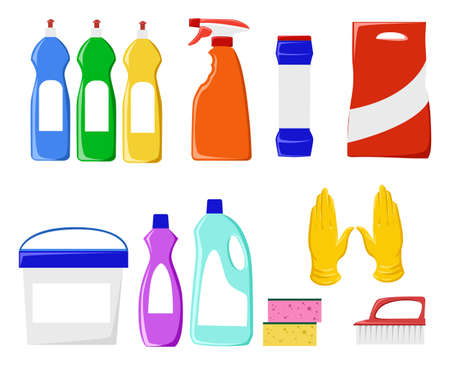 Detergents vector set. Cleaning tools vector set. Detergents for cleaning home. Household supplies and cleaning flat iconsのイラスト素材