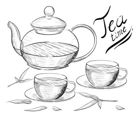Tea collection. Hand draw vector illustration. Tea time. tea cup teapot.のイラスト素材