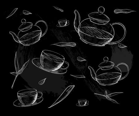 Tea collection. Hand draw vector illustration. Tea time. tea cup teapot.のイラスト素材