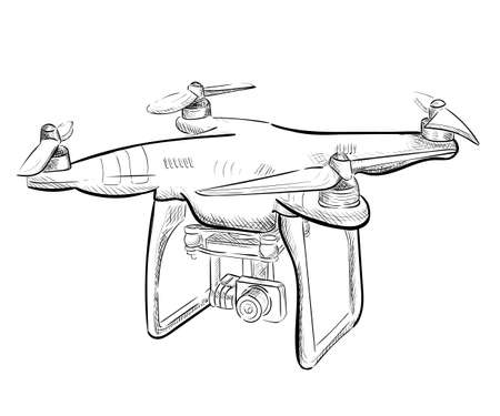Hand draw vector illustration aerial vehicle quadrocopter. Air drone hovering. Drone sketch.のイラスト素材