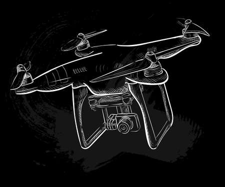 Hand draw vector illustration aerial vehicle quadrocopter. Air drone hovering. Drone sketch.のイラスト素材