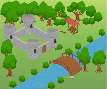 Isometric for game . Elements for game. strategy bridge castle.のイラスト素材