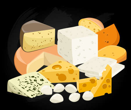 Pieces of Cheese isolated on white. Popular kind of cheese icons isolated. Cheese types. Modern flat style realistic vector illustrationのイラスト素材