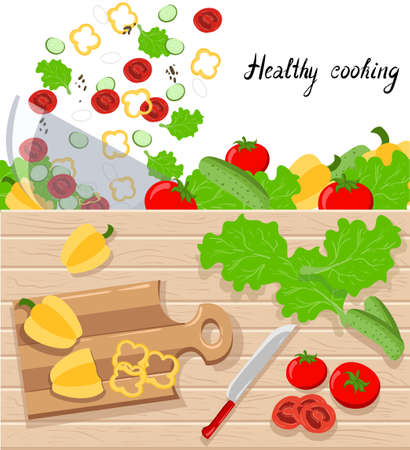 Cooking Concept. Web Banners or Promotional Materials Illustration in Flat Design Style cooking a vegetarian mealのイラスト素材