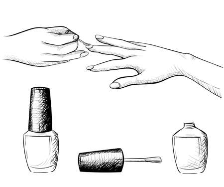 Hand draw manicure illustration of different positions of hands during manicureのイラスト素材