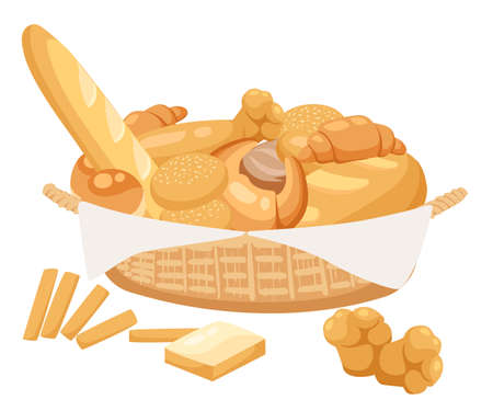 Bread set. Bakery and pastry products icons set with various sorts of bread, sweet buns, cupcakes, dough.のイラスト素材