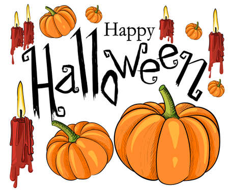 Halloween set, drawn Halloween symbols pumpkin border for design message design background, vector illustrationのイラスト素材