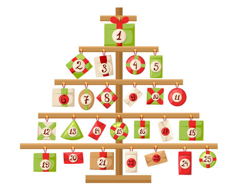 Christmas Advent Calendar with Santa Claus, reindeer, snowman and gift Advent calendar with Christmas elements poster, vector illustrations.のイラスト素材