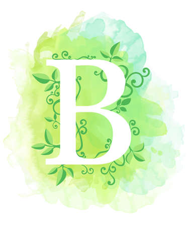 Watercolor letter calligraphy on watercolor background. Natural elements leaves curls design an element for web poster typographicsのイラスト素材