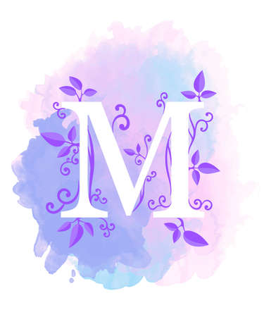 Watercolor letter calligraphy on watercolor background. Natural elements leaves curls design an element for web poster typographicsのイラスト素材