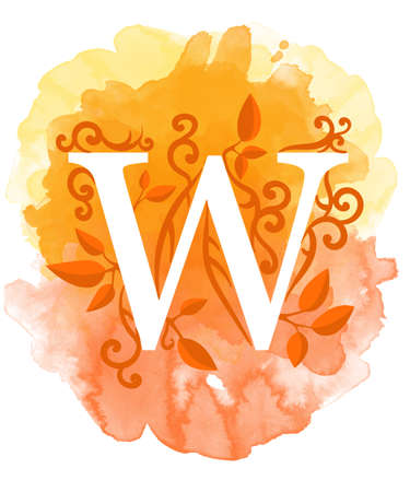 Watercolor letter calligraphy on watercolor background. Natural elements leaves curls design an element for web poster typographicsのイラスト素材