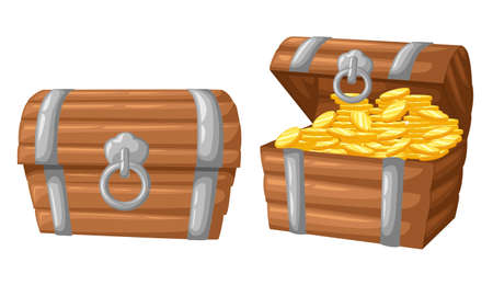 Vector illustration. treasure of gold coins on dark Wooden Chest set for game interface money coin.のイラスト素材