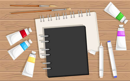Opened Spiral Sketchbook art instruments for painting, drawing, sketchingのイラスト素材