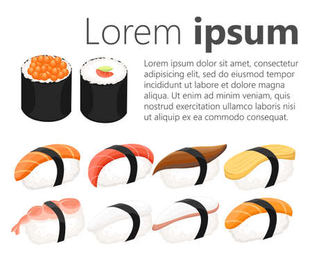 Sushi roll collection Colorful sushi set of different types chopsticks and bowls.のイラスト素材