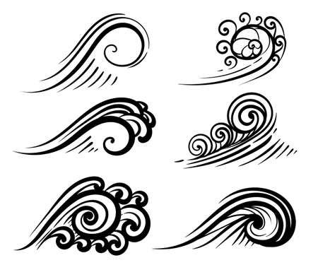 Wave collection Ocean or sea waves, surf and splashes set curling Water Design Elements vector illustration isolated on white.のイラスト素材