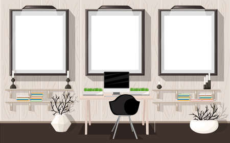 Mock up Modern Office Interior Flat Design Vector Illustration workplace concept Workplace concept. Modern home officeのイラスト素材