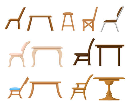 Table chair icon set for interiors Flat design style vector illustrationのイラスト素材