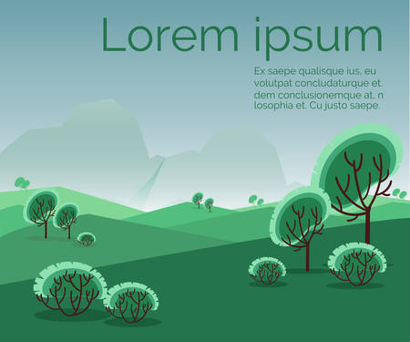 Landscape of fields with trees bushes and mountains Vector summer nature background. The place for the textのイラスト素材