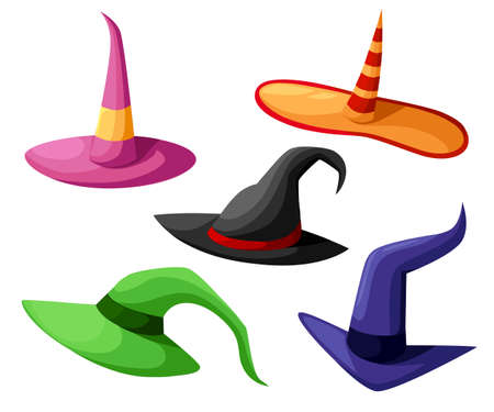 Hat of the sorcerer conjurer Witch hats halloween with straps and buckles set halloween. Vector illustration isolated on white background.のイラスト素材