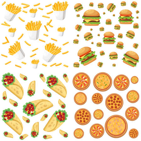 Fastfood restaurant colorful frame black background poster burger pizza sandwich hotdog vector illustrationのイラスト素材