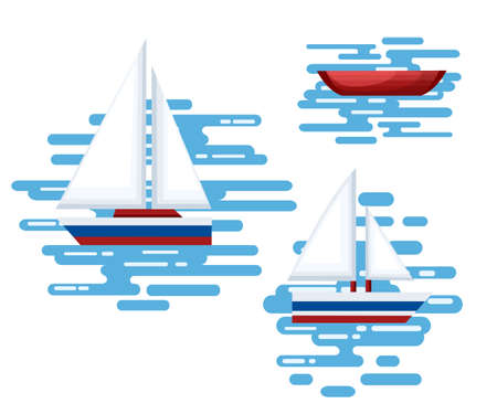 Set of little boats and buoys with blue sea background and isolated on white. Side view illustration.のイラスト素材