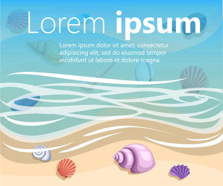 Summer background with tropical beach. Stones frame of sea shells waves foam Summer vacation, seashore resort, travel background. Vector illustration.のイラスト素材