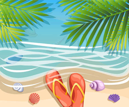 Vector a banner with an landscape beach. Top view of the island paradise.The tropical beach on the seashore for rest palm tree leaves tropics . Maritime hotel.beach towel. Slippersのイラスト素材
