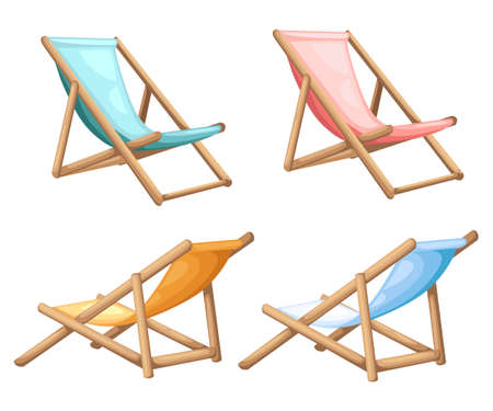 Wooden beach chaise lounge different design vector set illustration isolated on background summer background.のイラスト素材