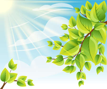 vector tree branch with green leaves Vector illustration. Bright nature landscape with sky.のイラスト素材