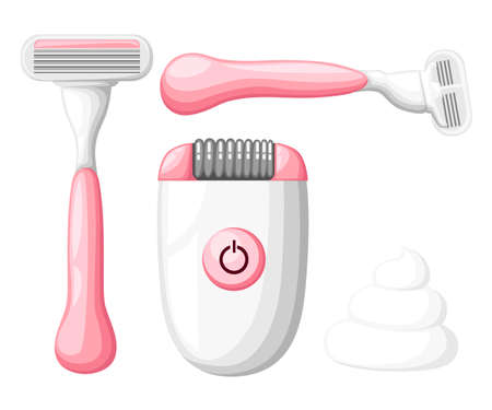 Women's razor collection for website. Bottle of wax, sugar paste for sugaring, scissors, wax strips, shaving razor, eyebrow tweezers, clipper. Shaving icon isolated on white backgroundのイラスト素材