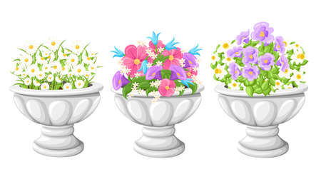 Flower in ceramic grey flowerpots for cultivation of plants. Clay pot in an isometry, isolated on a white background. Web site page and mobile app design vector element.のイラスト素材