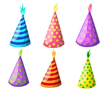 Party hat set isolated on a white. Birthday hat set. Vector fun decoration. Colorful surprise costume.のイラスト素材