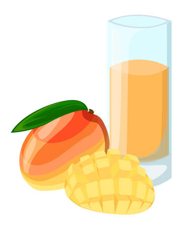 Design Template banner, poster, icons mango smoothies. Illustration of mango juice Drink me. Freshly squeezed tropical mango juice for healthy life. A glass of juice in doodle cute style. Vectorのイラスト素材