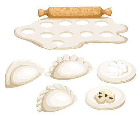 Vareniki. Pelmeni. Meat dumplings. Food. Dill, parsley, black pepper, bay leaf. Cooking. National dishes. Dinner. Products from the dough and meat Vector vintage illustration Web site page designのイラスト素材