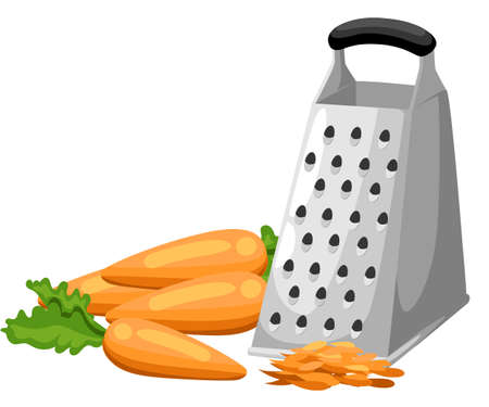 Grate set. Grated carrots and cheese. Cooking process vector illustration. Kitchenware and utensils isolated on white. Web site page and mobile app design vector element.のイラスト素材