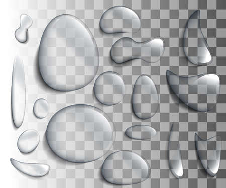 Realistic vector water drops. Set of transparent drops of different shapes in gray colors. Transparency only in vector format Clean drop condensation illustration Web site page and mobile app design.のイラスト素材