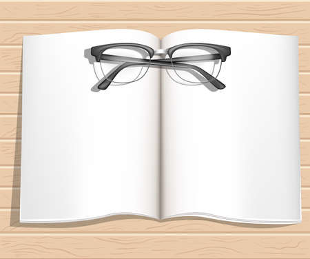 Office desktop with notebooks glasses top view. Wood background. Web site page and mobile app design.のイラスト素材