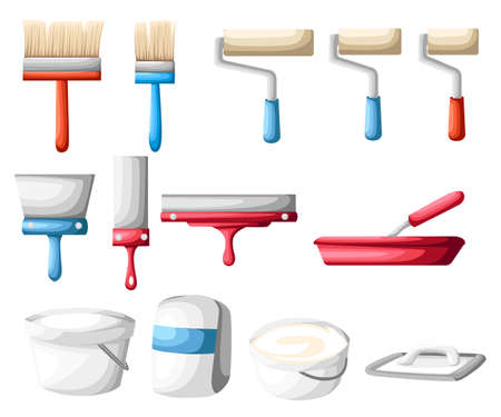 Vector roller and paint brushes with colors Painter instruments. Home work process vector illustration isolated on white. form brochure corporate style construction tools set of colored iconsのイラスト素材