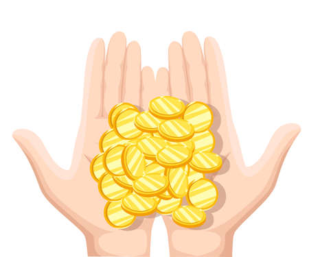 Coins in the palms of men. Coins in hand, money in hand. Vector illustration flat design. Concept of charity, alms, donate. Receive, giving, to take, ask for money. Financial supportのイラスト素材