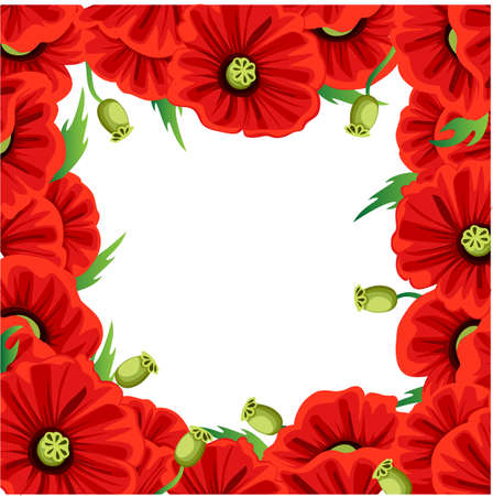 Red Poppy Flower isolated on white background. Vector red romantic poppy flowers and grass. Flourish flowery bunches design for decor Web site page and mobile app designのイラスト素材