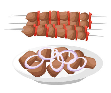 Meat, Vegetarian, Seafood Skewers With Pieces Shashlik. Barbecue. Flat Style Vector Illustration shish kebab Web site page and mobile app design vector illustration.のイラスト素材