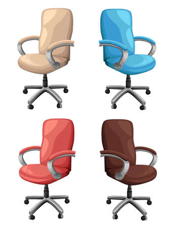 Office or desk chair in various points of view. Armchair or stool in front, back, side angles. Corporate castor furniture flat icon design. Web site page and mobile app design Vector illustrationのイラスト素材