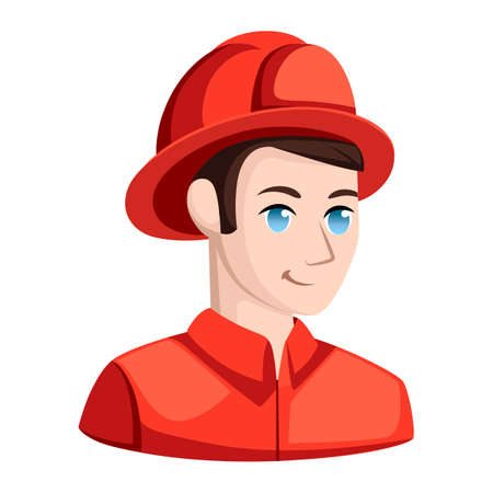 Fireman in helmet near hydrant spraying water. Rescue man in uniform and helmet at front of town or city. Person with extinguisher, hero character with hose. Occupation and alarm, firefight themeのイラスト素材