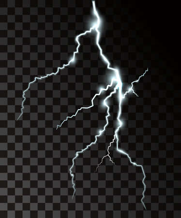 Set of the isolated realistic lightnings with transparency for design. Thunder-storm and lightnings. Magic and bright lighting effects. Natural effectsのイラスト素材