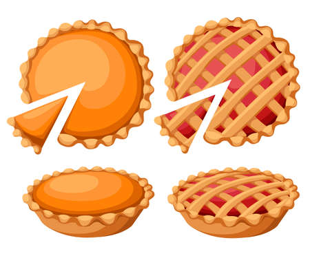 Pies Vector Illustration.Thanksgiving and Holiday Pumpkin Pie. Happy Thanksgiving Day traditional pumpkin pie with whipped cream on the top Web site page and mobile app design vector element.のイラスト素材