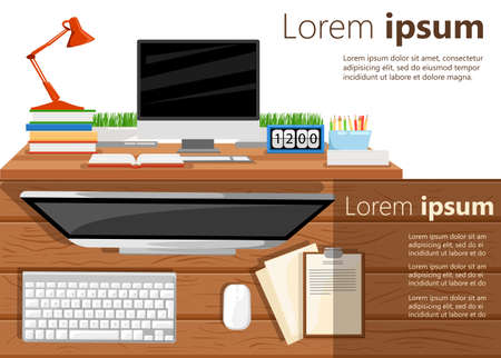 Two banner for web design. Office theme. Workplace. Flat design vector illustration. Web site page and mobile app design element.のイラスト素材