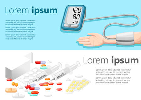Flat design modern vector illustration for health and medical care concept tablets medical devices Web site page and mobile app design elementのイラスト素材